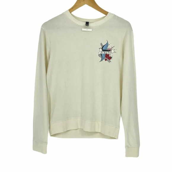 H&M Divided Sweater Women's Sz XS Crew Neck No Bad Vibes Bird Print Ivory - Picture 1 of 9